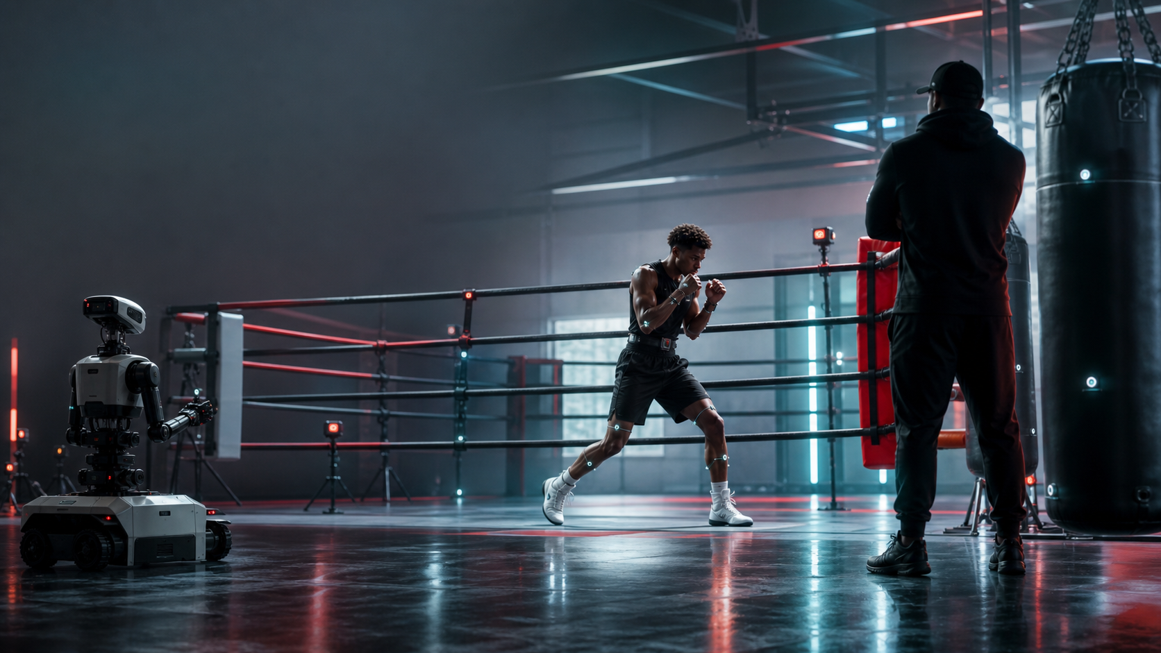 Boxing gym with ring, athlete, coach, sensors, and robot training rig